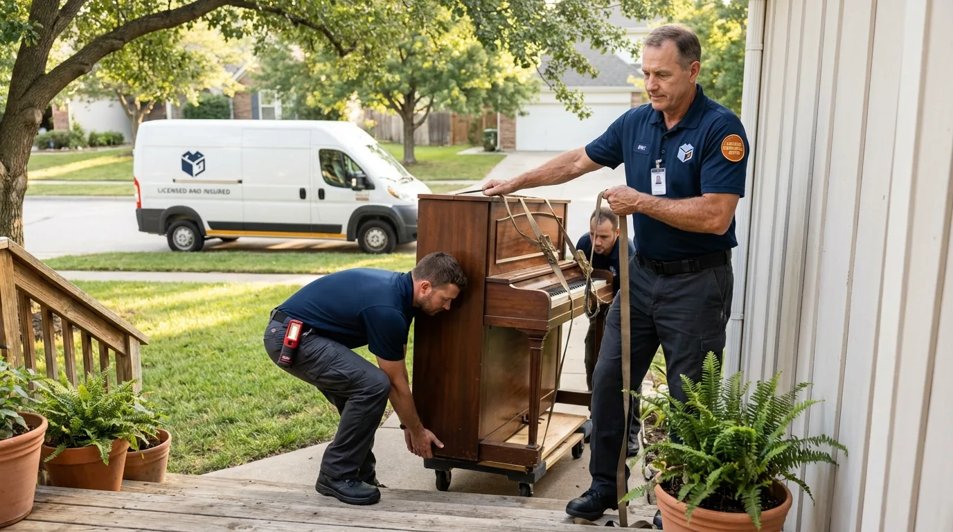 Licensed piano movers securing grand piano in Lovingston, VA