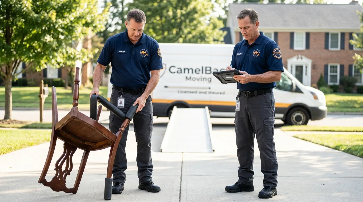 Movers inspecting furniture for damage prevention before loading in Lovingston, VA